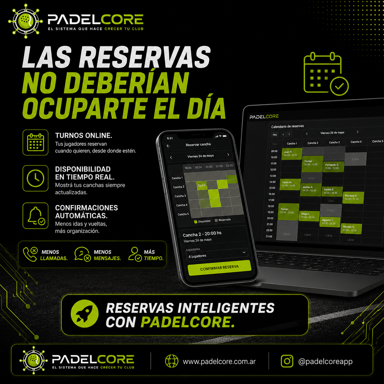 Pantalla de reservas inteligentes de PadelCore